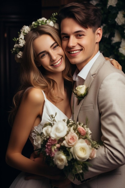 Generative AI Wedding portrait Amazing smiling wedding couple