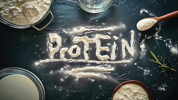 Foto generative ai whey protein powder con la parola protein banner di nutrizione sportiva con spazio di copia x9xa