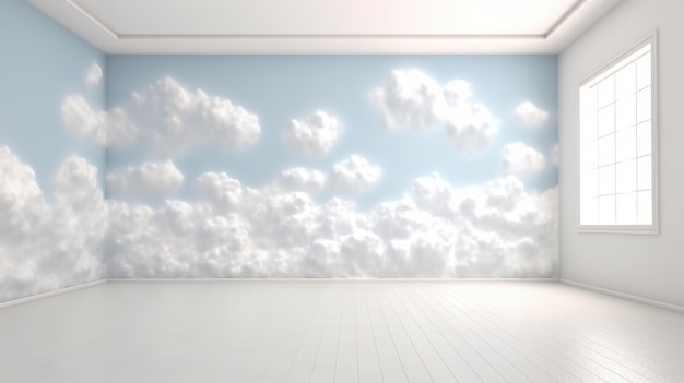 写真 生成 ai 室内の空と風景にある白青の幻想的な 3d 雲、優しい色と明るいライト