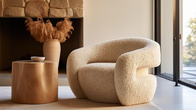 Generative AI White cozy soft armchair Interior design of living room warm minimalism wabi sabi style