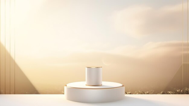 Photo generative ai white cylinder podium in empty scene minimal scene with sunset sky outside the wind