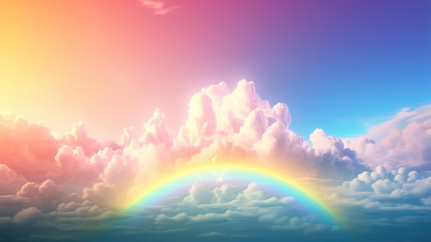 Generative AI white fantastic clouds sky and landscape with colorful rainbow Gentle colors and with bright lights