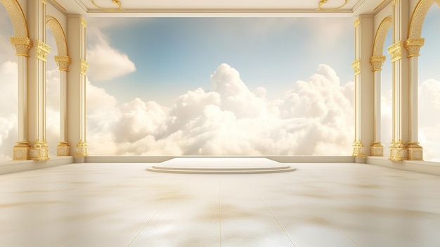 생성 AI  ⁇ 색과 황금색 환상적인 3D 구름 방 내부 하늘과 풍경 부드러운 색상과 밝은 조명x9xA