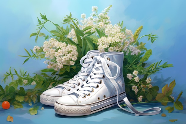 Generative AI White gumshoes with flowers and plants on the sides sunny day White sneakers with flowers daisy