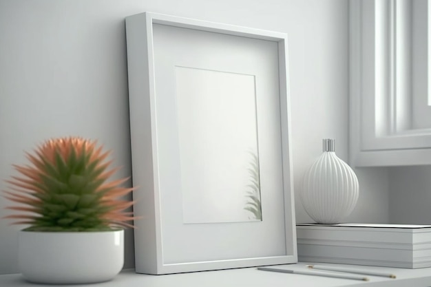 Generative ai White photo frame on table in interior mockup for your design blank template flowers