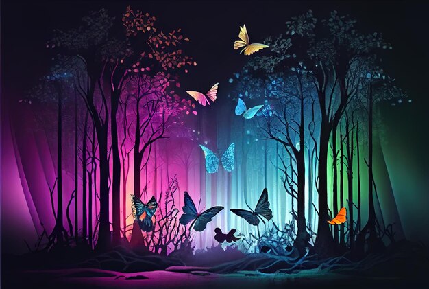 Photo generative ai wide panoramic of fantasy forest with glowing butterflies