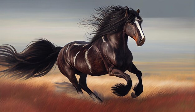 Generative AI Wild and Free A Majestic Horse Gallops Through a Grassy Meadow