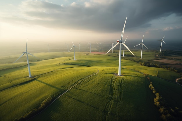 Генеративные ветряные турбины ИИ в поле зеленого сельскохозяйственного ландшафта экологически чистые
