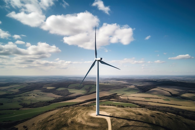 Generative AI wind turbines in a field green farm landscape Environmentally ecofriendly