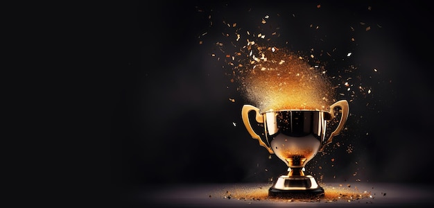 Photo generative ai winner trophy with flames golden champion cup with falling confetti on dark background