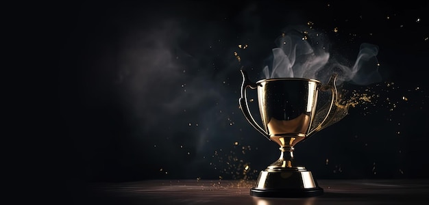 Generative AI Winner trophy with flames golden champion cup with falling confetti on dark background