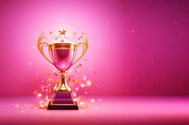 Generative AI Winner trophy with flames pink golden champion cup with falling confetti