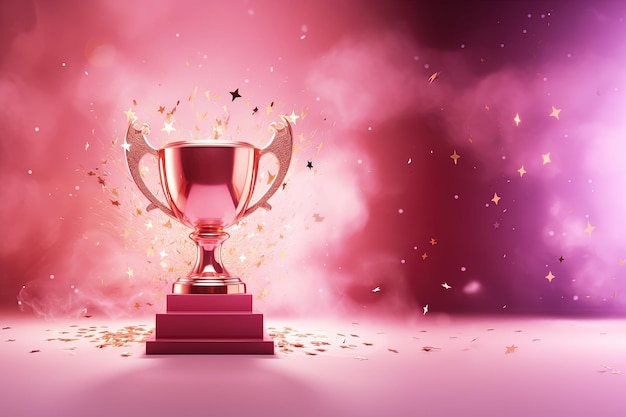 Generative AI Winner trophy with flames pink golden champion cup with falling confetti