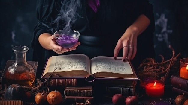 Foto strega ai generativa con libro magico e calderone che produce veleno o pozione d'amore
