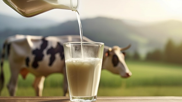 Foto ia generativa con paesaggio sfocato e latte che gocciola in un bicchiere