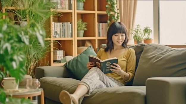 Генеративный ИИ с молодой женщиной, читающей в гостиной