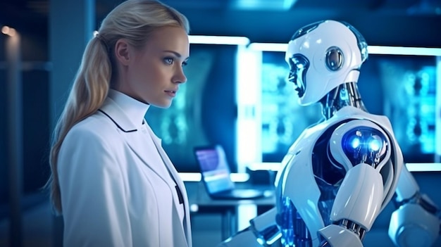 Generative AI a woman doctor conversing with a robot