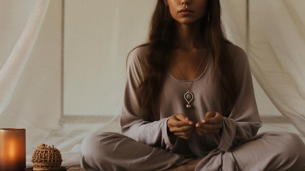 Generative AI woman doing meditation aesthetic muted beige colors