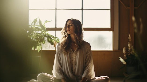 Foto generativa ai donna che fa meditazione estetica colori beige silenziati