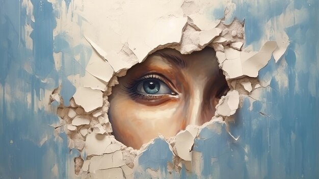 Generative AI Woman eye looking through a torn hole in vintage paper blue and beige colors mural