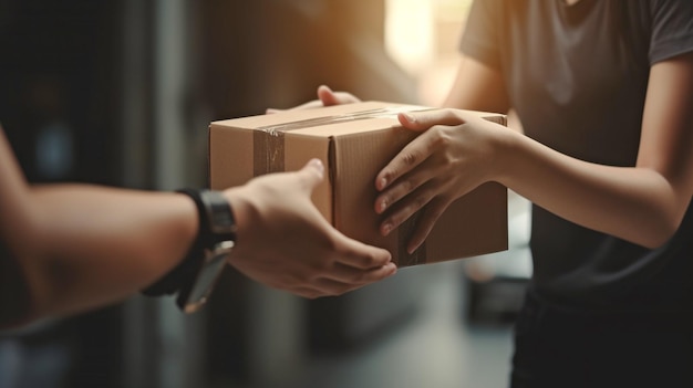 Generative AI woman hand accepting a delivery of boxes from a deliveryman