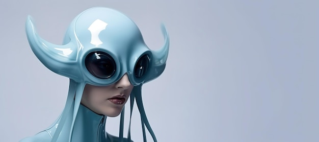 Photo generative ai woman in plastic blue octopus like mask high tech futurism minimalist beauty