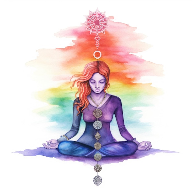 Generative AI Woman silhouette in yoga pose watercolor hand drawn illustration Lotus position chakras on meditating