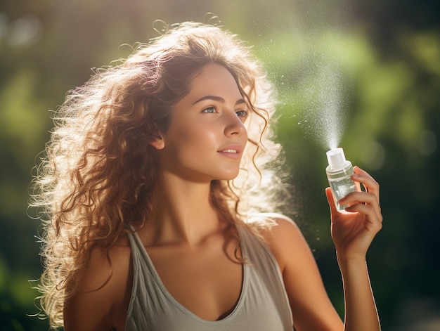 Generative AI Woman spraying facial mist on her face summertime skincare concept