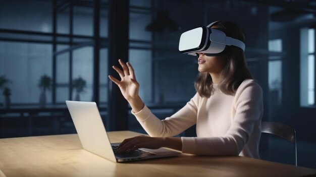 제너레이티브 AI 가상 현실 헤드셋을 착용하고 노트북을 사용하는 테이블에 앉아 있는 여성