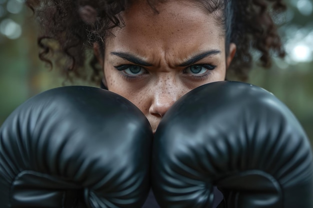 Foto ai generativa donna che allena la boxe indossando guanti da boxe boxer femminile