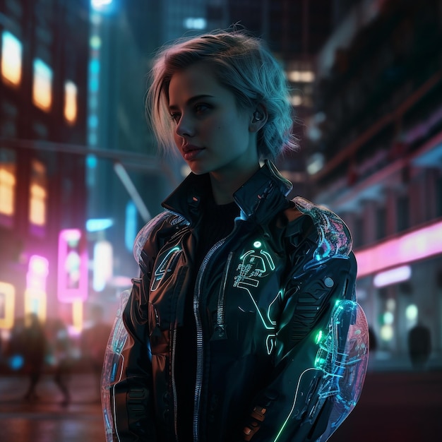 Generative ai woman wearing holographic clothes in cyberpunk neon city