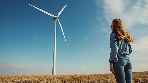 Generative AI Woman with hand in pocket looking at wind turbine