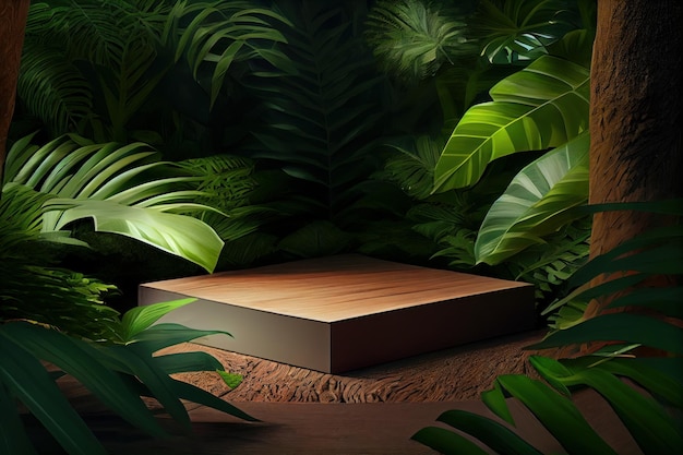 Generative AI of a wooden platform in the jungle with palm leaves