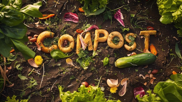 Generative AI word Compost made of food waste compost and soil environmental background