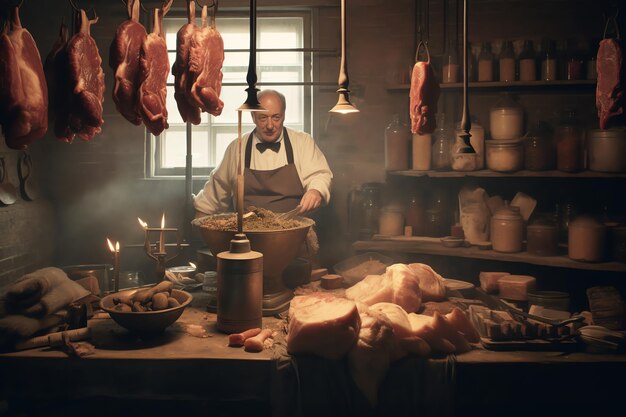 Generative AI A worker at a meatpacking plant for sausages Sausages hang in a row worker observes