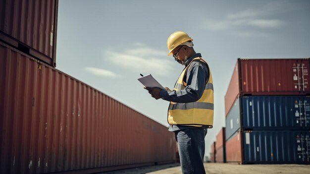 Generative AI worker stands between containers looking and checking sets to write reports