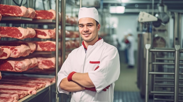 Photo generative ai a worker with meat at a food plant