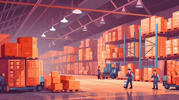 generative ai workers unloading packaging boxes on pallets into the cargo container trucks loading