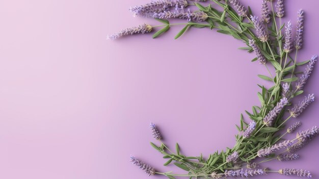 Generative AI wreath of lavender branches flowers with copy space natural organic floral frame violet background