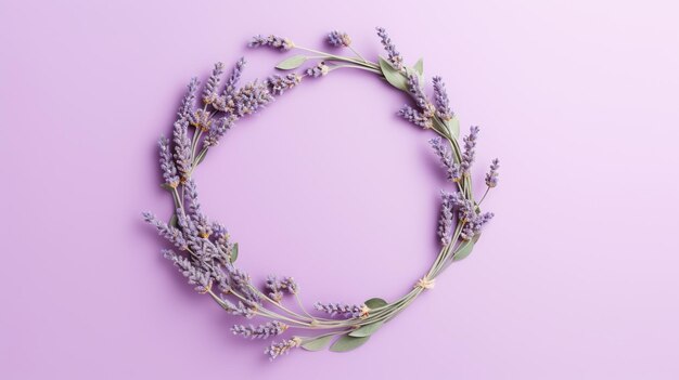 Generative ai wreath of lavender branches flowers with copy space natural organic floral frame violet background