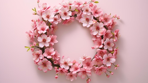 Generative AI wreath of little light pink cherry sakura flowers with copy space natural organic