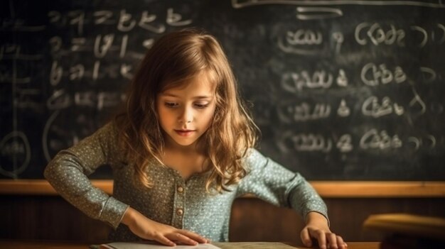 Photo generative ai wunderkind little girl schoolgirl with a book from the blackboard with physical form