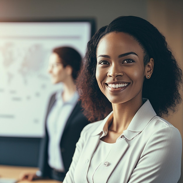 Generative ai young adult black businesswoman posing smiling happy and confident looking camera