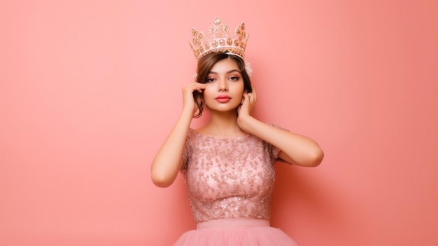 Photo generative ai young beautiful emotional girl in pink dress on red background