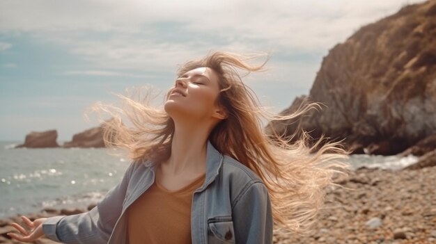 Generative AI a young beautiful lady on a rocky beach her arms wide enjoying the breeze and taking in the fresh air