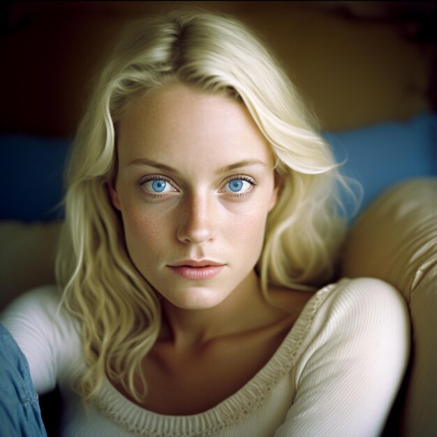 Генеративный ай молодая блондинка с голубыми глазами женщина в помещении сидит на диване и смотрит в камеру