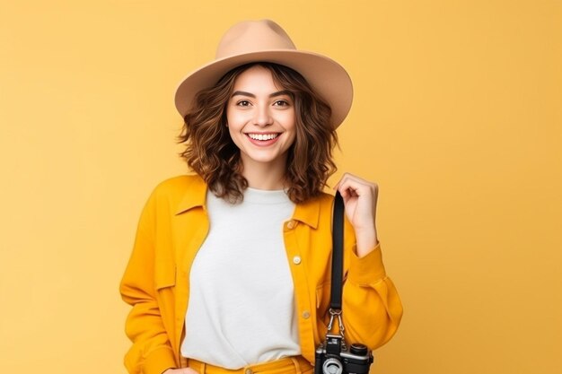 Photo generative ai young blonde woman taking pictures using vintage camera over isolated background doi