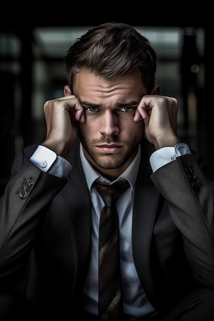 Generative AI Young businessman holding head in his hands