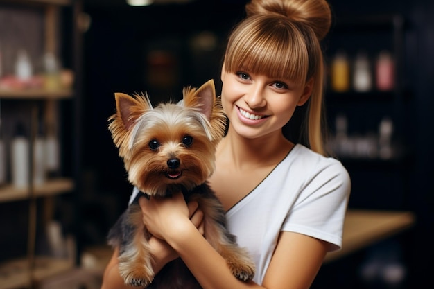 Generative AI Young caucasian professional groomer loves her job connected with pets