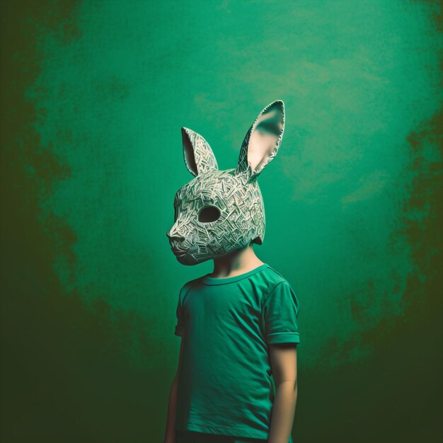 Generative ai young child on isolated background wearing bunny rabbit mask